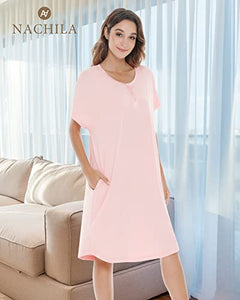 NACHILA Womens Bamboo Nightgown Button-down Sleepwear Short Sleeve Nightshirt Soft Night Dress Black M