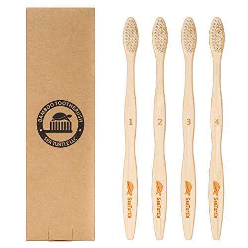 SeaTurtle Plant-Based Bristles Bamboo Toothbrush - Pack of 4 - Soft Natural Bristle for Sensitive Gums - Recyclable Biodegradable Zero Waste Eco-Friendly Sustainable Products