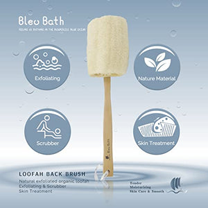 Bleu Bath (2 Pack) Exfoliating Loofah Back Brush Dry Body Brush in 100% Natural and Organic Luffa with Long Wooden Handle Fixed, Scrubber Brush for Men and Women or Even Sensitive Skin