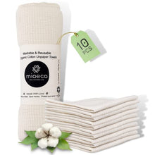 Load image into Gallery viewer, mioeco 10 Pack Kitchen Paper Towels Washable - Super Absorbent Natural Paper Towels - Natural Cotton - Reusable, Absorbent, Paperless Kitchen Dish Cloths - 100% Organic Cotton Dish Towels
