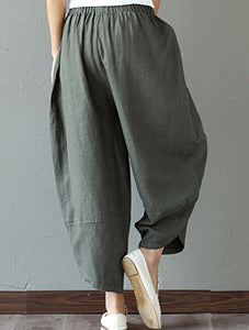 Minibee Women's Baggy Linen Wide Leg Trousers Casual Patchwork Elastic Waist Harem Pants Army Green XL