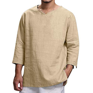 MODOQO Mens Cotton Shirts Plus Size Pullover Blouses Summer New Pure Color Hemp Top Comfortable Fashion Top White Black Blue