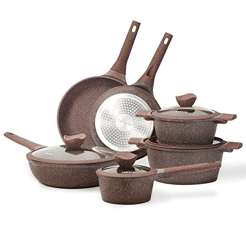 Carote Nonstick Granite Cookware Sets, 10 Pcs Brown Granite Pots and Pans  Set, Induction Stone Kitchen Cooking Set