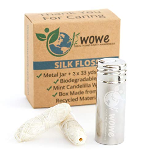 Wowe Natural Biodegradable Peace Silk Dental Floss with Mint Flavored Wax, Refillable Stainless Steel Container and 3 Refills - 99 Yards Total