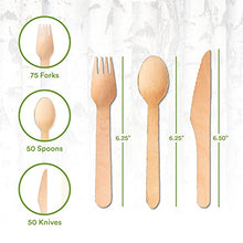 Load image into Gallery viewer, ECO SOUL 100% Compostable Cutlery [175-Pack] Disposable Wooden Cutlery Set I 100% Natural, Sturdy, Eco-friendly, Utensils Set I Biodegradable (75 Fork,50 Spoon, 50 Knife)
