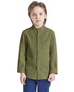 Eymitory Boys Button Down Shirt Long Sleeve Casual Cotton Linen Kids Dress Shirts Tees Summer Tops with One Pocket Army Green