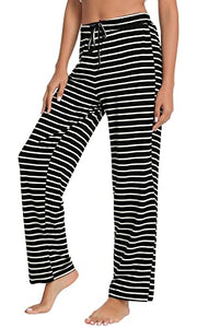 WiWi Bamboo Pajama Pants for Women Soft Sweatpants Casual Wide Leg Bottoms Drawstring Sleep Pant S-XXL, Black White Stripe, XX-Large