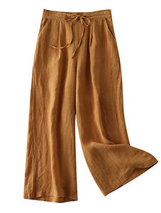 LaovanIn Women's Wide Leg Palazzo Pants Linen Drawstring Cropped Pants Trousers Culottes Coffee X-Large