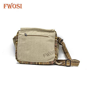 Fwosi Handmade Boho Shoulder School Tote Bags - Unisex, Lightweight, Hemp Crossbody Messenger Bag 4 Compartments, Zipper, Adjustable Strap Hippie Style Nepalese Bohemian Embroidered, Natural White