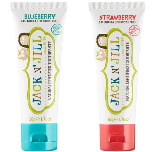 Jack N' Jill Kids Natural Toothpaste - Kids Toothpaste Fluoride Free, Organic Flavors, BPA Free SLS Free, Makes Tooth Brushing Fun for Kids - Blueberry & Strawberry, 1.76 oz (Pack of 2)