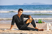 Load image into Gallery viewer, COOFANDY Men&#39;s 2 Pieces Cotton Linen Set Henley Shirt Long Sleeve and Casual Beach Pants Summer Yoga Outfits Black
