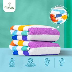 Organic Mate Large Beach Towels Set of 2-35x70 Soft & Absorbent Oversized Sheet Made of 100% Cotton - for Swimming Pool, Home, Bath, Spa & Outdoor Use - Bright Colors Elegant Striped Design