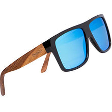Load image into Gallery viewer, WOODIES Polarized Zebra Wood Aviator Wrap Sunglasses for Men and Women | Ice Blue Polarized Lenses and Real Wooden Frame | 100% UVA/UVB Ray Protection
