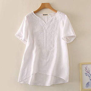 Mordenmiss Women's Embroidered Blouse Tunic V-Neck Linen Tops Short Sleeve Hi-Low Hem Shirt for Petite (XXL, Style 2-White)