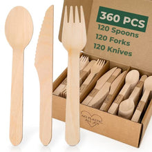Load image into Gallery viewer, PURPLECLAY Disposable Wooden Utensils Set 360 PCS (120 Forks 120 Spoons 120 Knives) Alternative to Plastic Cutlery -Compostable Biodegradable 100% Wood Utensils - Chemical-Free
