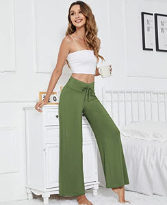 QUALFORT Women's Bamboo Pants Bamboo Wide Leg Pants Stretchy Casual Bottoms Soft Pajama Pants Army Green Large