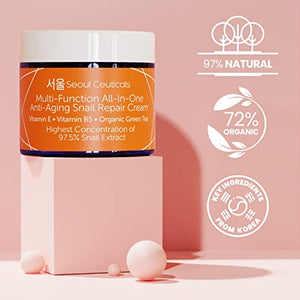 SeoulCeuticals Korean Skin Care 97.5% Snail Mucin Repair Cream - Korean Moisturizer Day Night Cream Snail Mucin Extract - All In One Recovery Power For The Most Effective K Beauty Routine 2oz