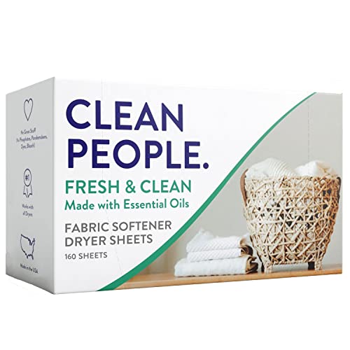 Clean People All Natural Fabric Softener Sheets - Plant-Based, Eco Friendly Dryer Sheets - Naturally Softens & Removes Static Cling - Vegan Laundry Softener With Essential Oils - Fresh Scent, 2 x 80 Packs