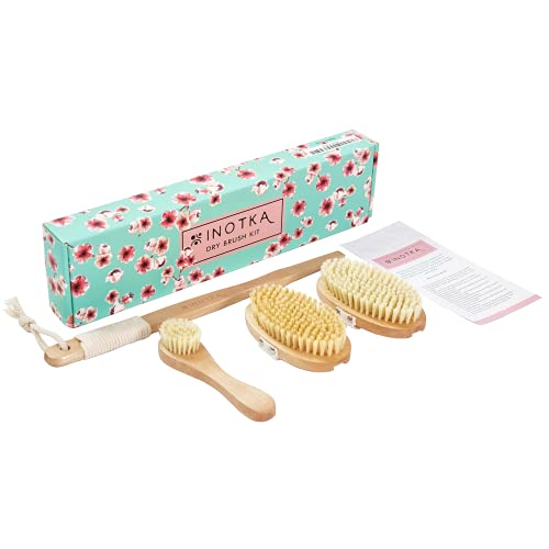 Vegan Dry Brush for Cellulite and Lymphatic Drainage Massage, Natural Firm and Soft Brushes, Cactus Bristles, Dry Skin Brush for Face and Body Set for Brushing, Body Scrub Brush with Handle