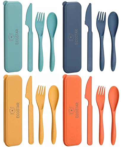 ECOSTAR Reusable Utensils set with Case, Portable Wheat Straw Cutlery Set, BPA-Free and Eco-friendly Knife Spoon Fork, Travel Utensils for Office, Dorm, and On-the-go (Coral, 4)