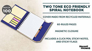 DISCOUNT PROMOS Custom Eco Friendly Spiral Notebooks with Pens Set of 100, Personalized Bulk Pack - Perfect for School, Office, Home - Blue