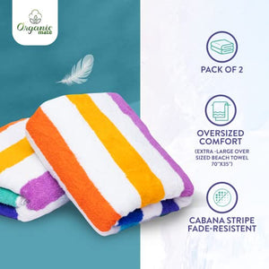 Organic Mate Large Beach Towels Set of 2-35x70 Soft & Absorbent Oversized Sheet Made of 100% Cotton - for Swimming Pool, Home, Bath, Spa & Outdoor Use - Bright Colors Elegant Striped Design