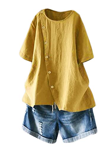 Minibee Women's Linen Blouse Tunic Short Sleeve Shirt Tops With Buttons Decoration Yellow M