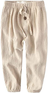 Ladyful Unisex Kids Boy Girls Cotton Linen Pants Casual Elastic Waisted Jogger Dace Pants Khaki