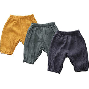3 Pack Cotton Linen Harem Bloomers Pants for Baby Toddler, Yellow Green Blue, 12-18 Months