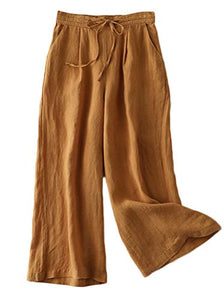 Mordenmiss Women's Linen Drawstring Pants Wide Leg Elastic Waist Cropped Pants Trousers (XXL, Coffee)