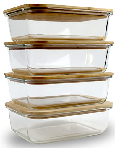DE Glass Food Storage Containers with Bamboo Lids (4 Pack, 36 Ounce) Eco Friendly Meal Prep Containers Airtight – Plastic Free, BPA Free