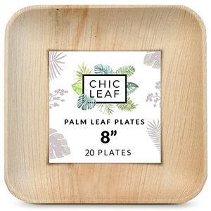 Chic Leaf 100% Compostable Palm Leaf Plates Like Bamboo Plates Disposable 8 Inch Square (20 ct) - Eco Friendly Plates for Wedding and Party - Heavy Duty Disposable Plates