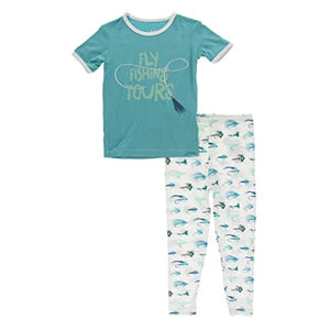 KicKee Pants Graphic Print Short Sleeve Pajama Set, Ultra Soft and Snug Fitting PJs, Matching Top and Bottom Sleepwear Set, Newborn to Baby to Kid Pajamas (Natural Fishing Flies - 2T)
