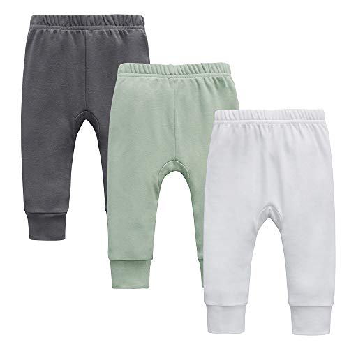 Baby Girls Pull-on Pants, Unisex Organic Cotton Jogger Pants, Toddler Leggings, 3-Pack Crawling Pants(12-18 Months, Green/Gray/White)