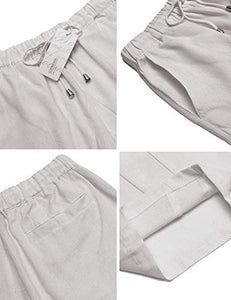 COOFANDY Men's Casual Cotton Linen Pants Patchwork Elastic Baggy Capri Trousers Light Grey