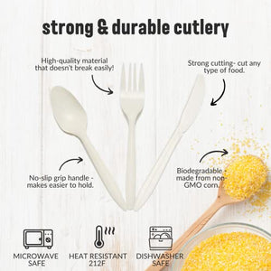 100% Compostable Cutlery Set - 380 pcs Disposable Biodegradable Utensils Eco-Friendly Cutlery Combo Set - Biodegradable Tableware Sets - Biodegradable Forks Spoons Knives Flatware