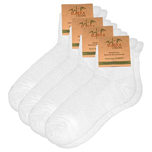 4 Pairs Organic Bamboo Sports Socks, Running, Gym, Trail, Moisture Wick, Athletic (US Size 5-8, White)