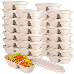 Disposable Meal Prep Containers - Compostable Food Storage Container with Lid - 50 Pack, 34oz - Microwavable, Oven Safe, Biodegradable Bamboo Bento Box (2 Comp)