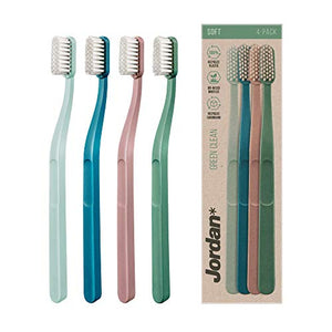 Jordan* ® | Green Clean Manual Toothbrush | Award Winning Sustainable Toothbrush Made from Recycled Materials | Eco-Friendly | Scandinavian Design | Soft Bristle Toothbrush | Mixed Colour | 4 Units