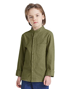 Eymitory Boys Button Down Shirt Long Sleeve Casual Cotton Linen Kids Dress Shirts Tees Summer Tops with One Pocket Army Green