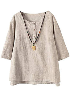 FTCayanz Women's Linen Tops Shirts Summer Casual Jacquard Tunic Blouse XX-Large Apricot