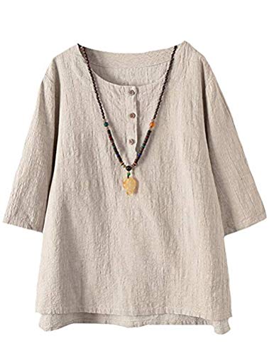 FTCayanz Women's Linen Tops Shirts Summer Casual Jacquard Tunic Blouse XX-Large Apricot