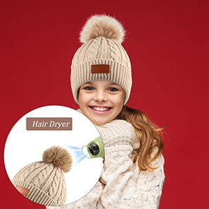 3 Pieces Kids Knitted Woolen Hat Winter Warm Pom Pom Beanie Cap Knit Hat with Detachable Pom for 1-3 Years Old Girls Boys (Black, Dark Pink, Khaki, Single Hairball)