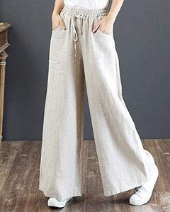 IXIMO Women's Cotton Linen Wide Leg Pants Casual Drawstring Lounge Palazzo Loose Trousers Beige M