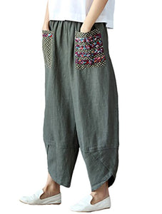 Minibee Women's Baggy Linen Wide Leg Trousers Casual Patchwork Elastic Waist Harem Pants Army Green XL