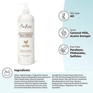 SheaMoisture Daily Hydration Body Lotion Moisturizer for All Skin Types, 100% Virgin Coconut Oil & Acacia Senegal, Paraben Free, White, 16 Fl Oz