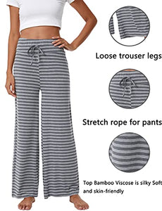 YOSOFT Women's Bamboo Lounge Wide Leg Pants Stretchy Casual Bottoms Soft Pajama Pant Plus Size Pants for Women S-4X, Heather Grey Stripe, Medium