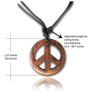 Earth Accessories Adjustable Peace Sign Pendant Necklace with Organic Wood - Hippie Accessories and Hippie Costume for 60s or 70s