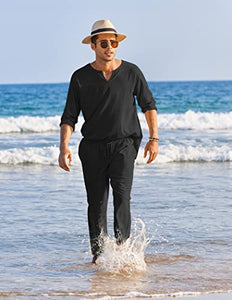 COOFANDY Men's 2 Pieces Cotton Linen Set Henley Shirt Long Sleeve and Casual Beach Pants Summer Yoga Outfits Black