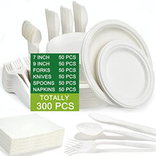 Load image into Gallery viewer, hapray 300PCS Compostable Paper Plates Set, Biodegradable Heavy Duty Plates and Utensils, Eco Friendly Disposable Cutlery, Dinnerware for Party Camping Picnic Made of Plant Fibers
